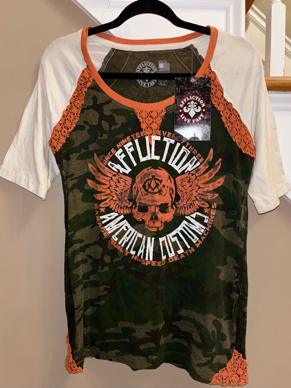 Affliction Women’s Camo Crochet NWT Shirt size Medium Y2K